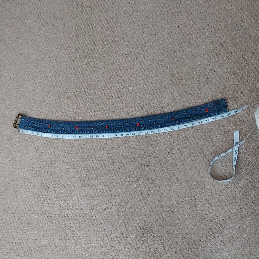 Vintage Blue Jean Bling Denim Belt Red Stones - Picture 4 of 4